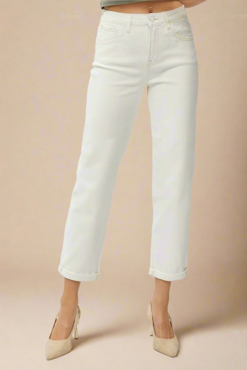 RISEN - High Waist Rolled Hem Straight Leg Jeans in Cream