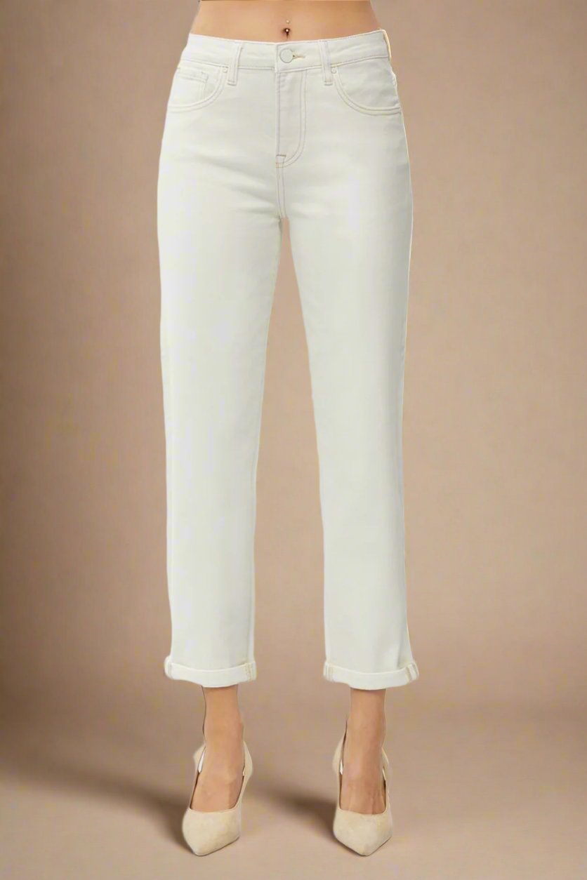 RISEN - High Waist Rolled Hem Straight Leg Jeans in Cream