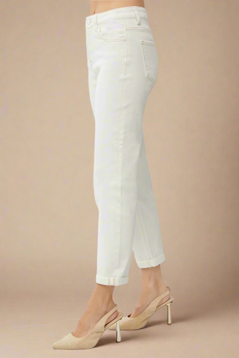 RISEN - High Waist Rolled Hem Straight Leg Jeans in Cream