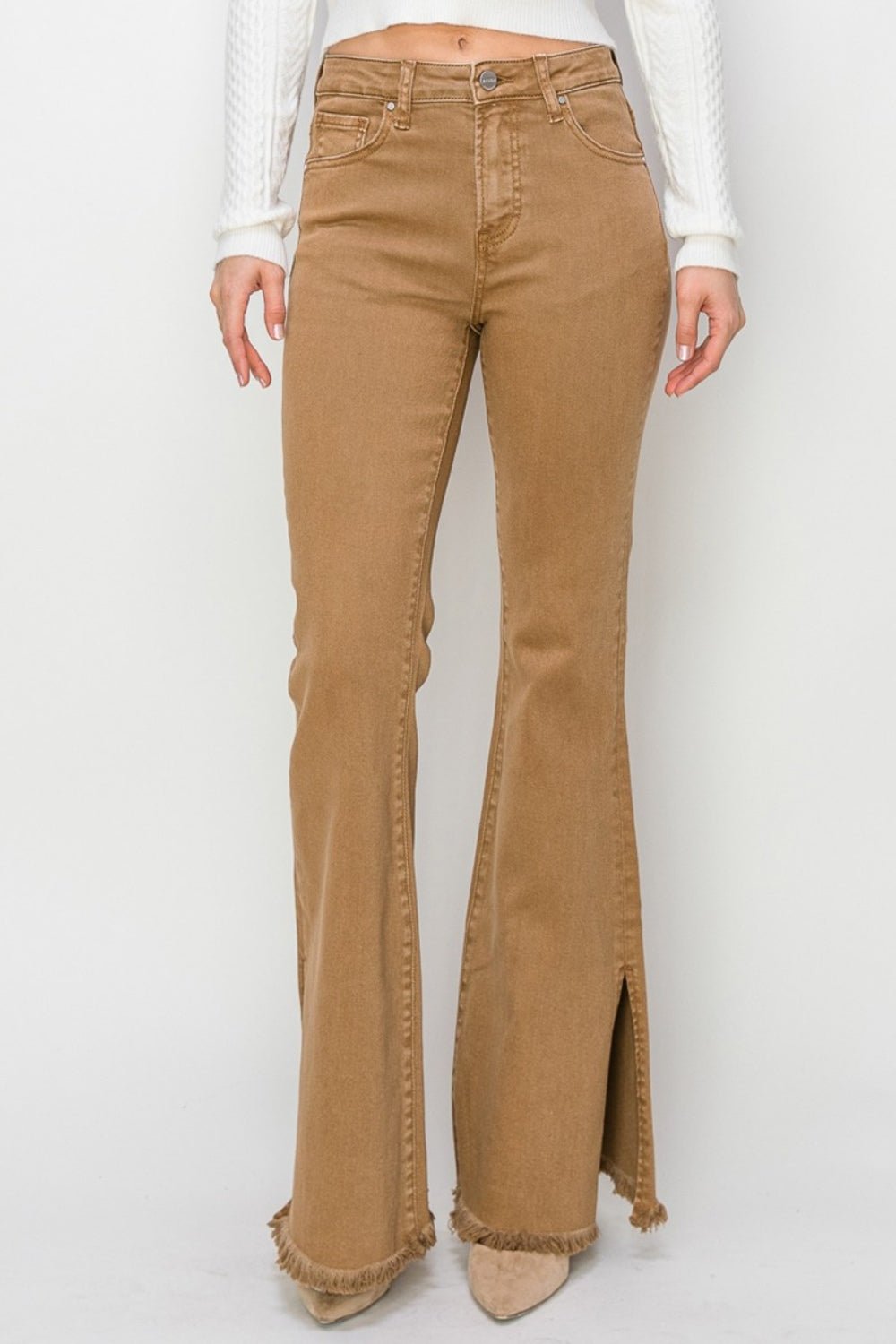 RISEN - High Waist Side Slit Flare Jeans in Brown