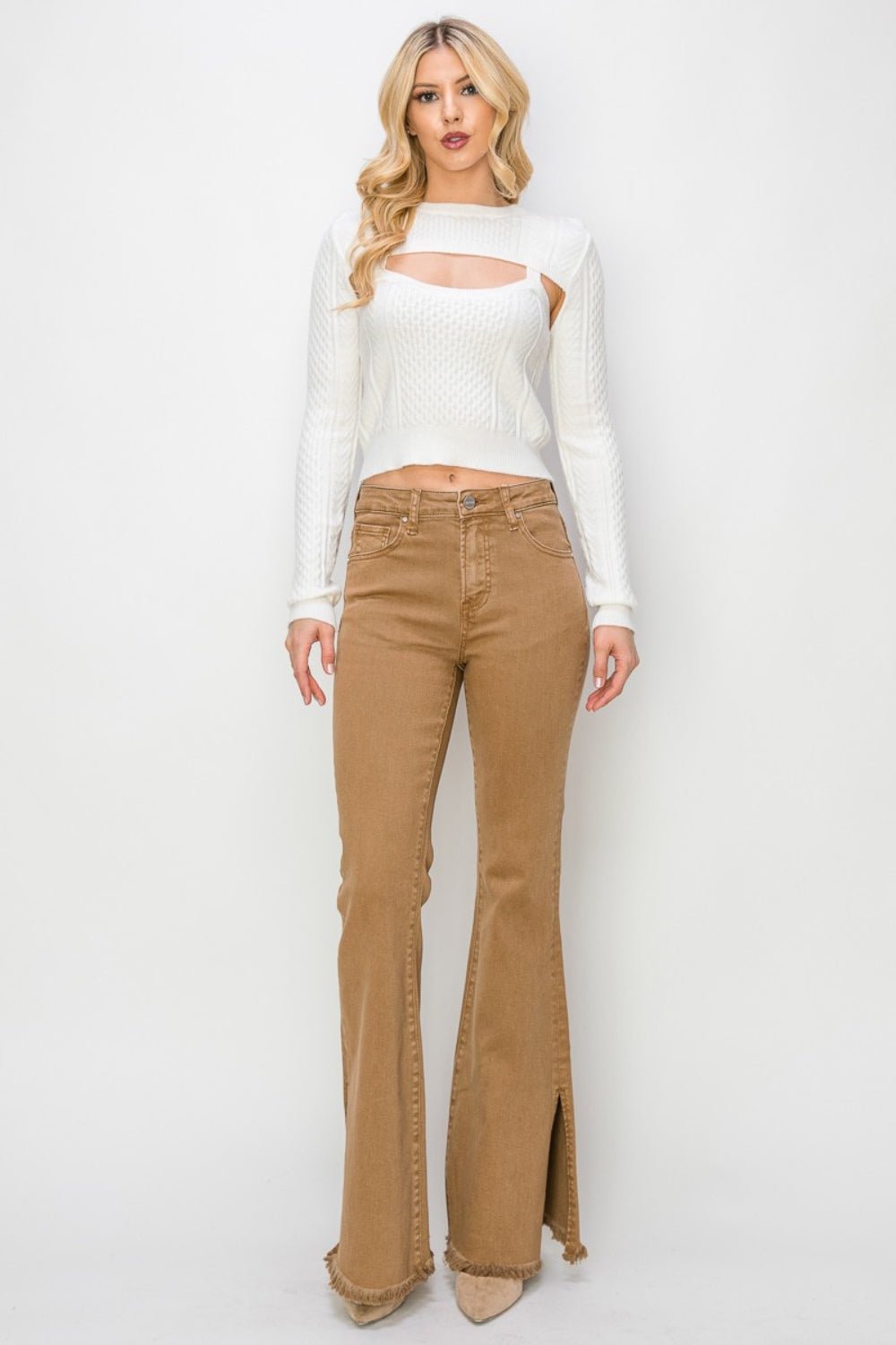 RISEN - High Waist Side Slit Flare Jeans in Brown