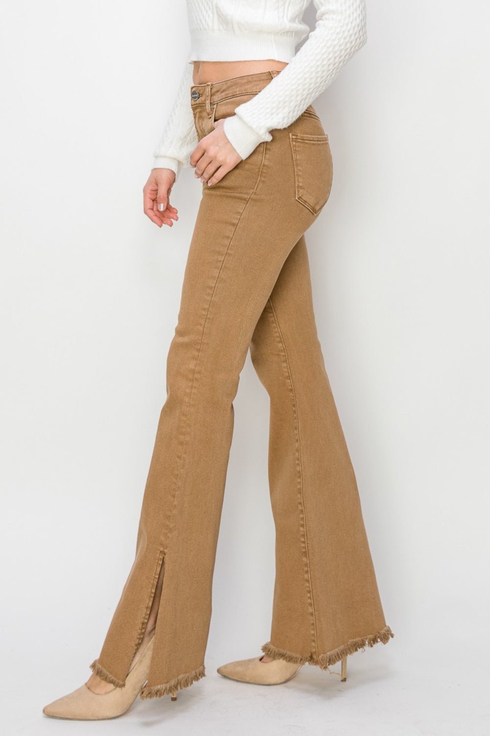 RISEN - High Waist Side Slit Flare Jeans in Brown