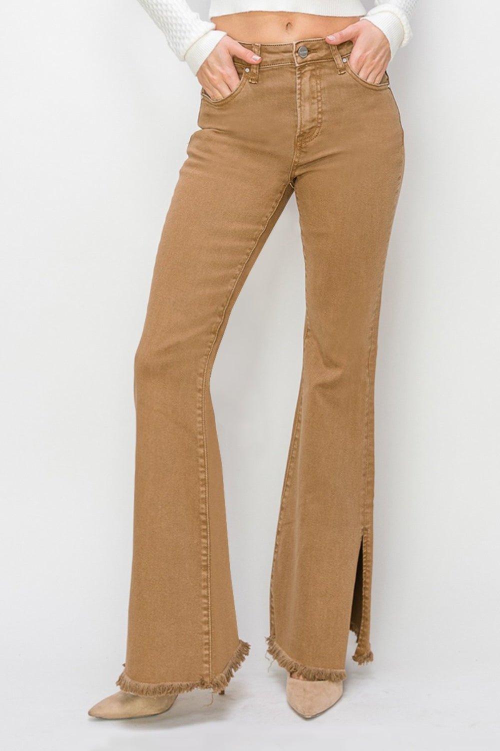 RISEN - High Waist Side Slit Flare Jeans in Brown