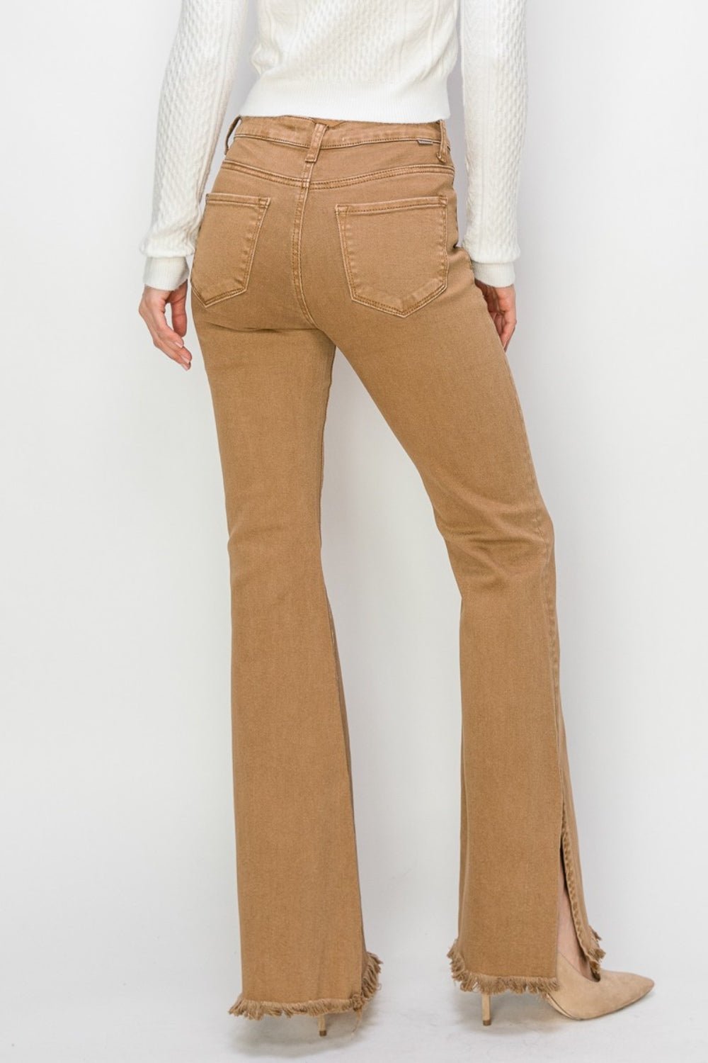 RISEN - High Waist Side Slit Flare Jeans in Brown