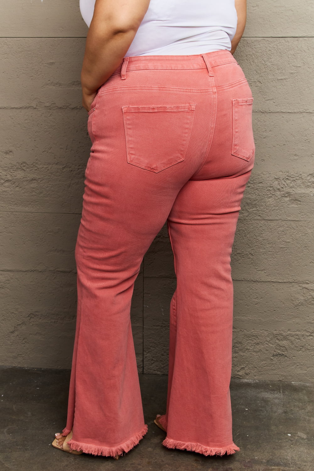 RISEN - High Waist Side Slit Flare Jeans in Coral