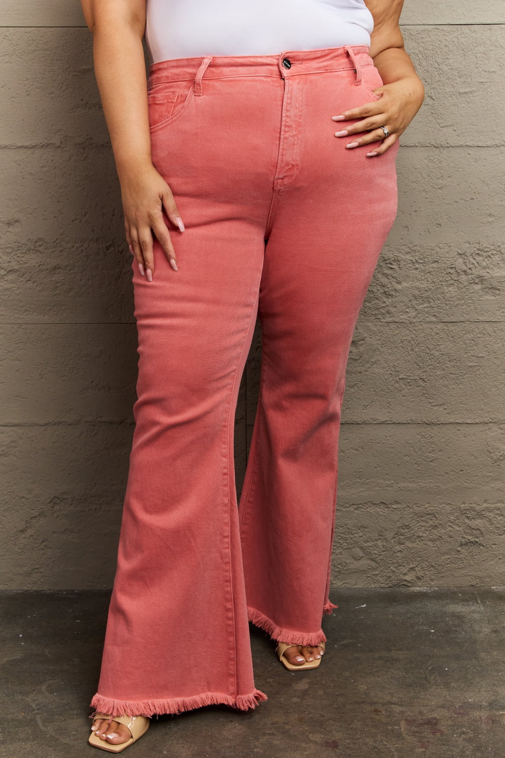 RISEN - High Waist Side Slit Flare Jeans in Coral