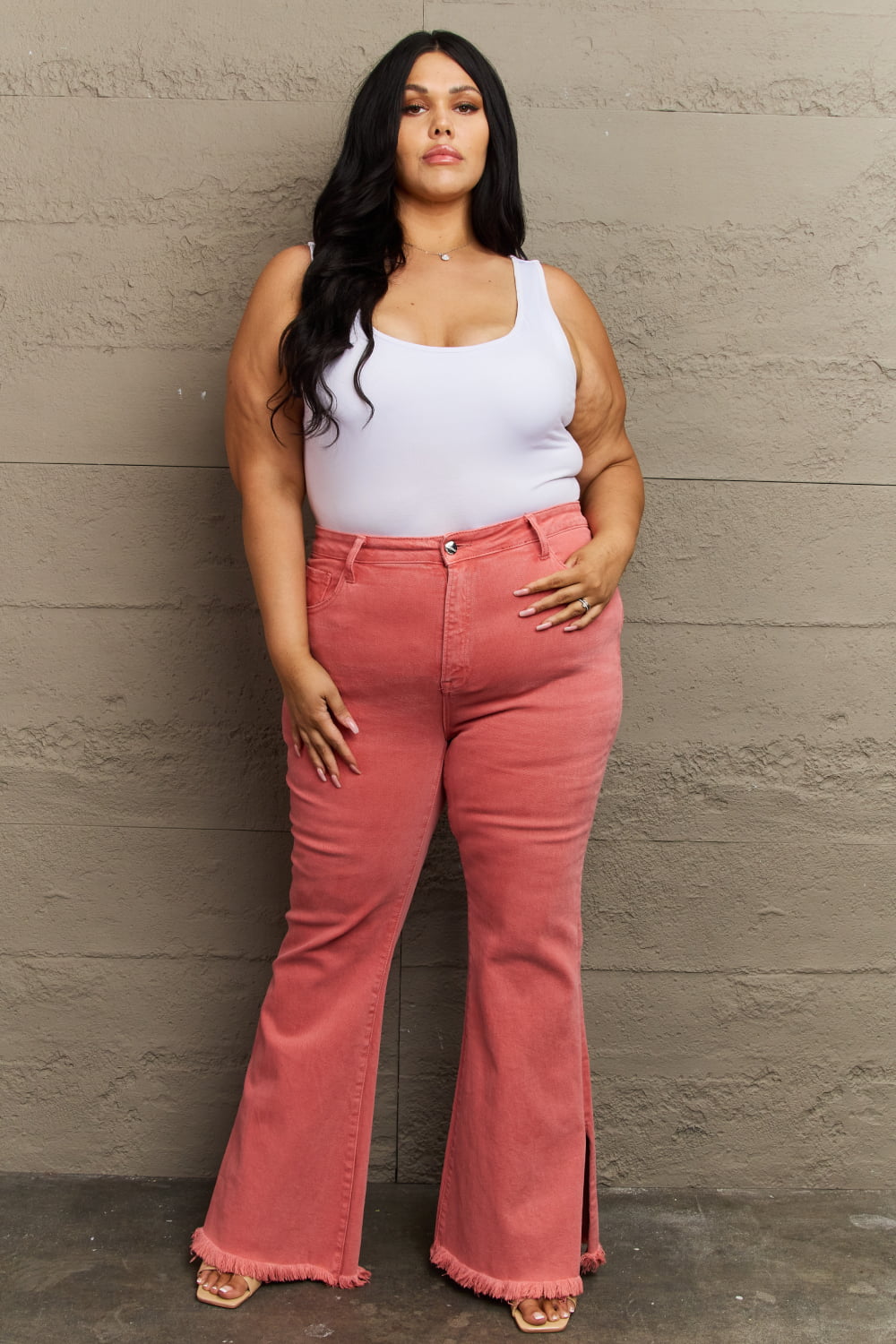 RISEN - High Waist Side Slit Flare Jeans in Coral