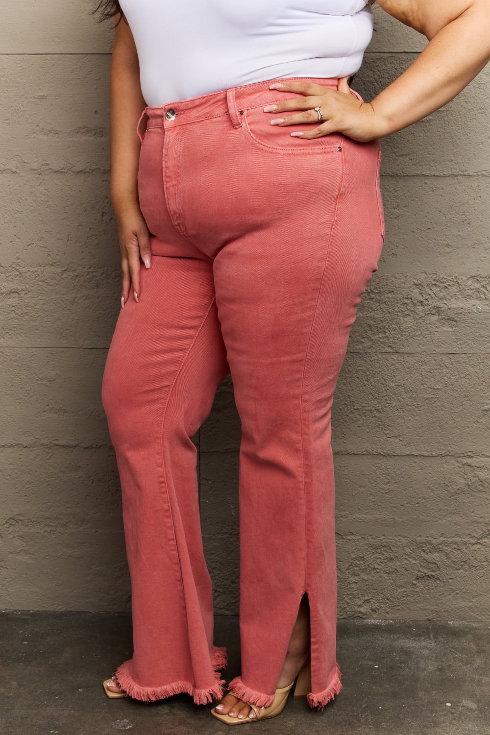 RISEN - High Waist Side Slit Flare Jeans in Coral