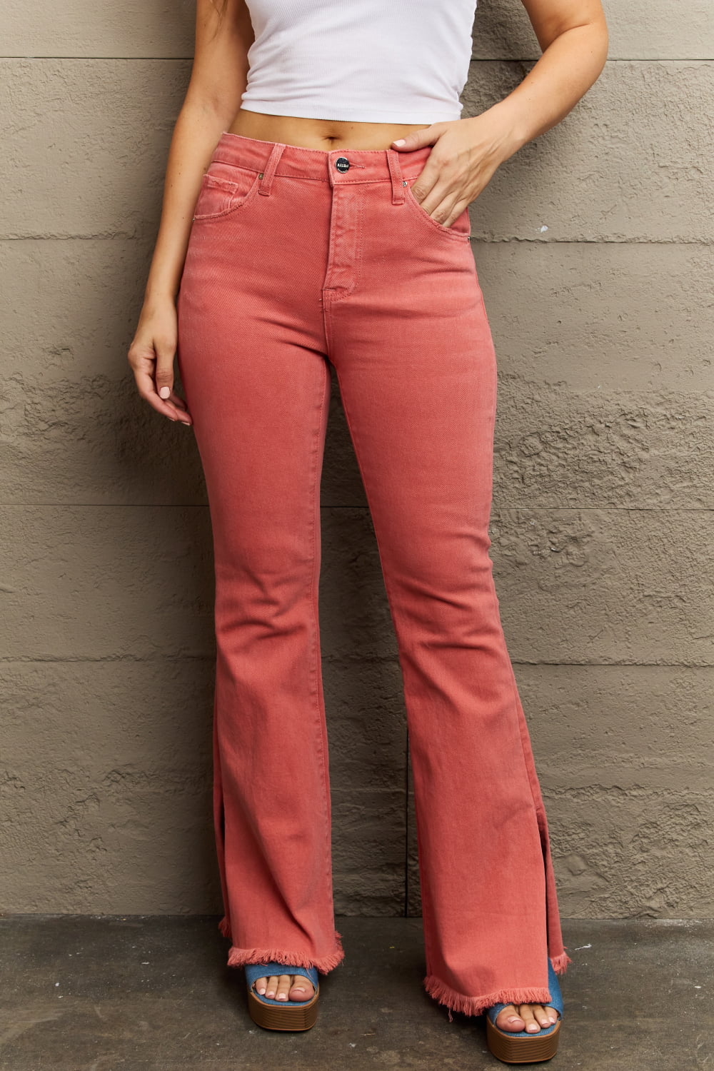 RISEN - High Waist Side Slit Flare Jeans in Coral