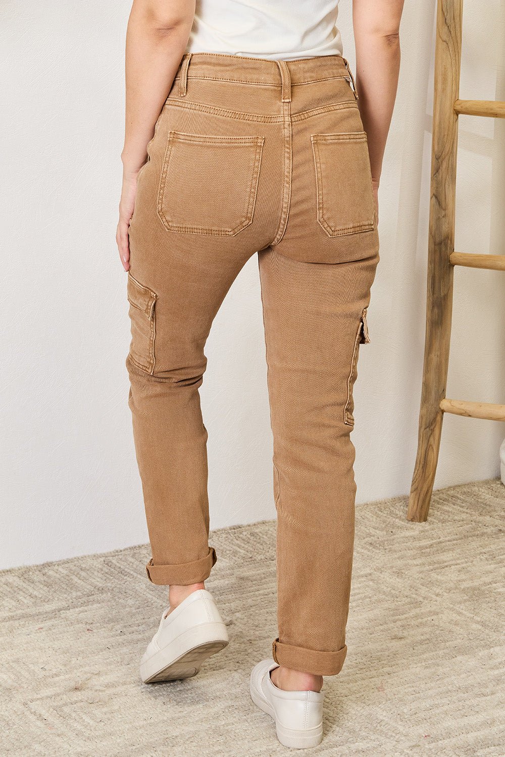 RISEN - High Waist Straight Leg Cargo Jeans in Mocha