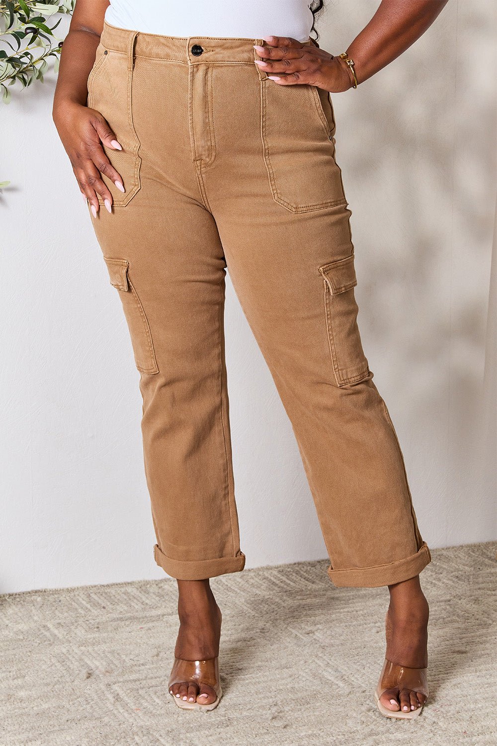 RISEN - High Waist Straight Leg Cargo Jeans in Mocha