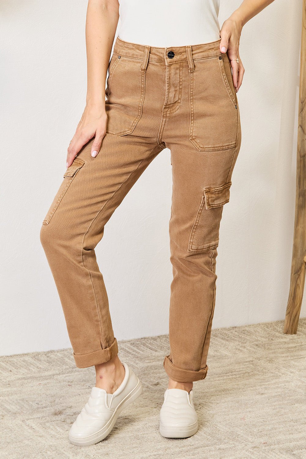 RISEN - High Waist Straight Leg Cargo Jeans in Mocha