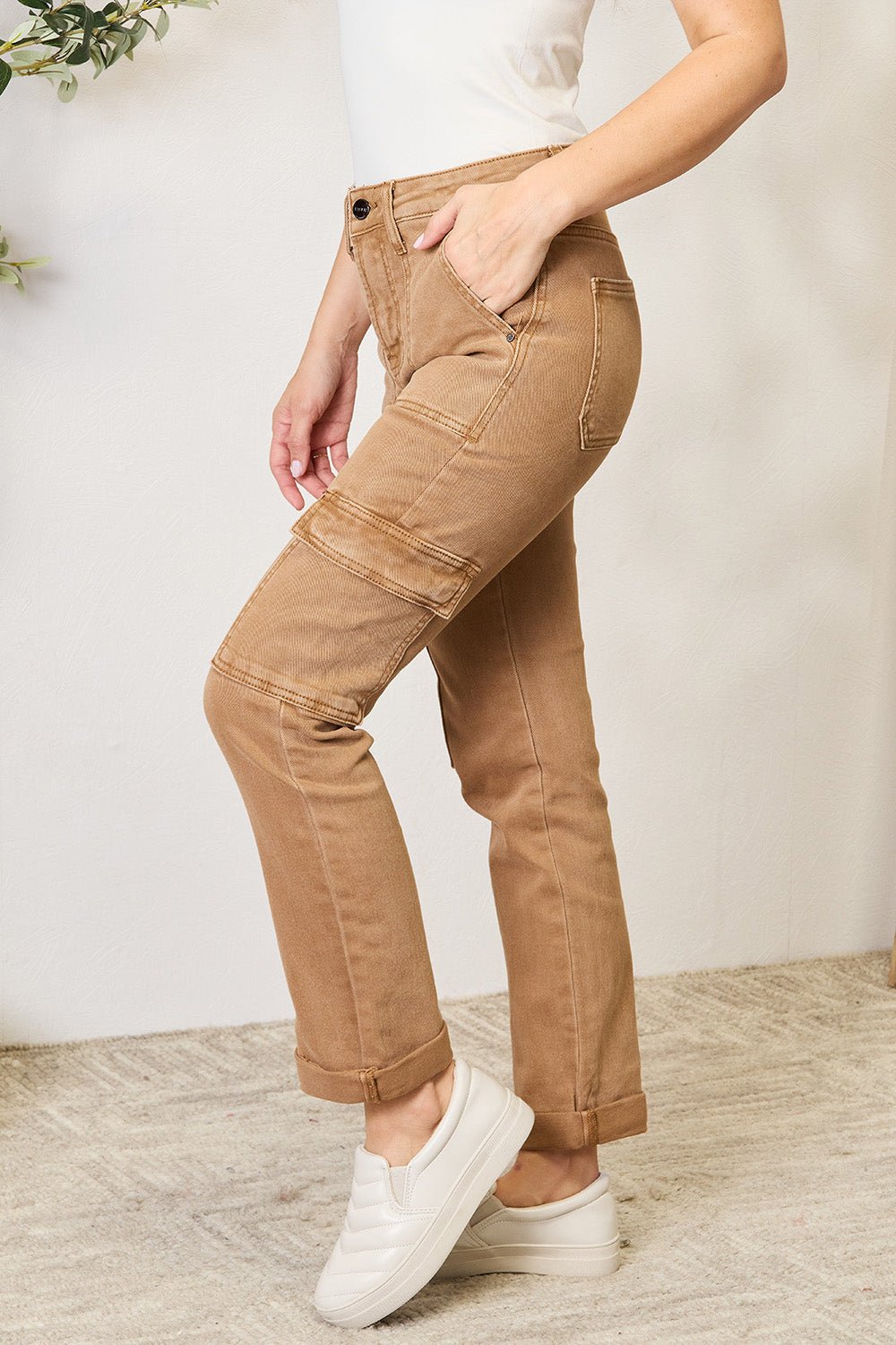 RISEN - High Waist Straight Leg Cargo Jeans in Mocha