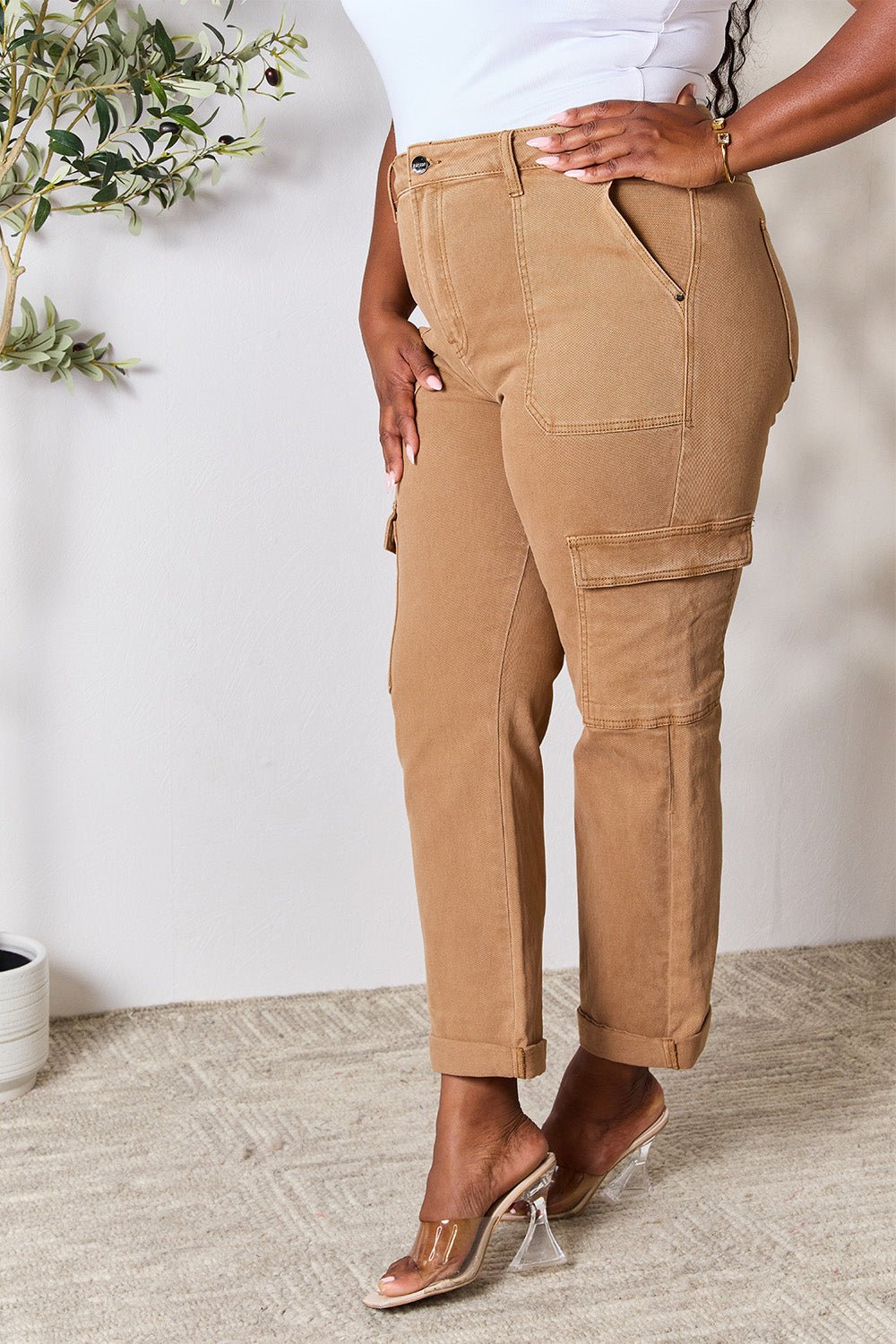 RISEN - High Waist Straight Leg Cargo Jeans in Mocha