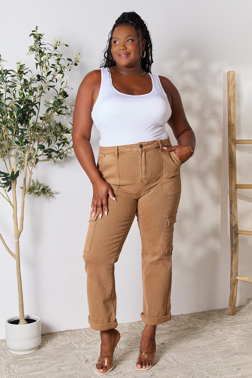 RISEN - High Waist Straight Leg Cargo Jeans in Mocha