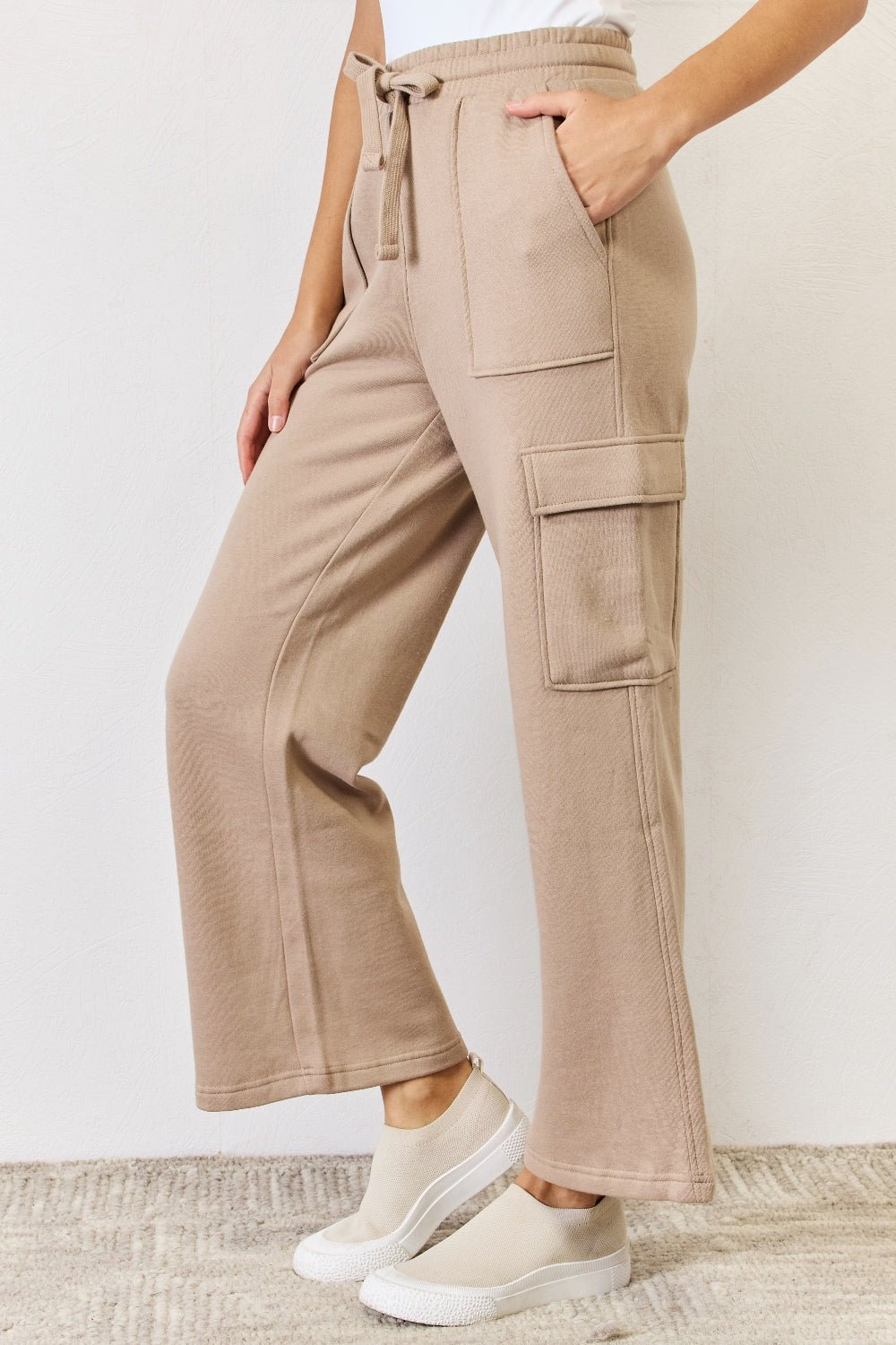 RISEN - High Waist Wide Leg Cargo Pants in Tan