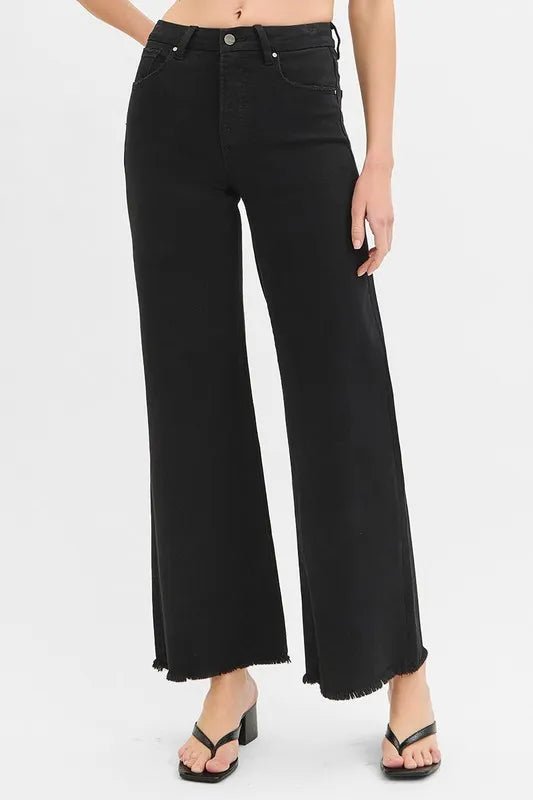 RISEN - High Waist Wide Leg Jeans – Washed Black with Raw Hem