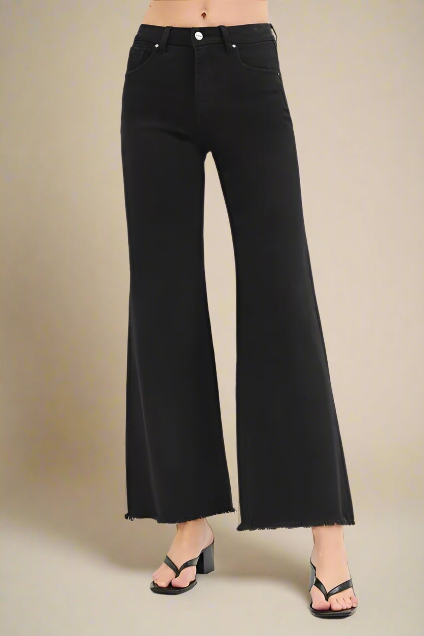 RISEN - High Waist Wide Leg Jeans – Washed Black with Raw Hem