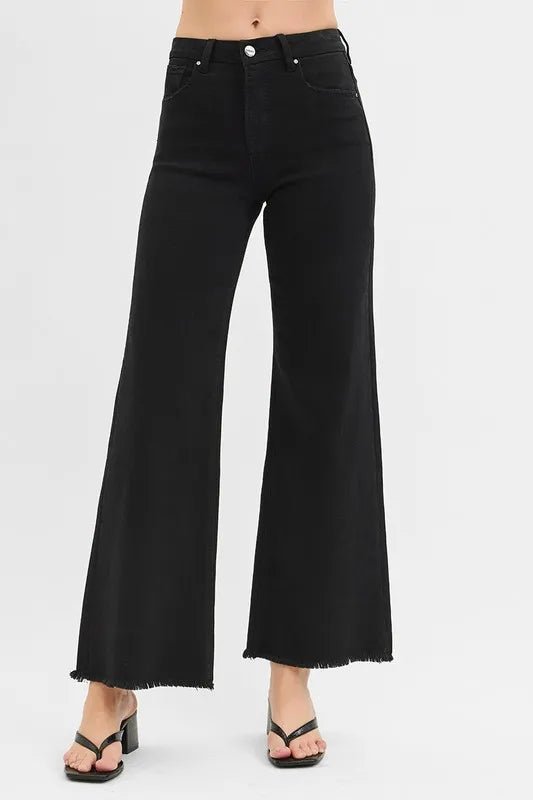 RISEN - High Waist Wide Leg Jeans – Washed Black with Raw Hem
