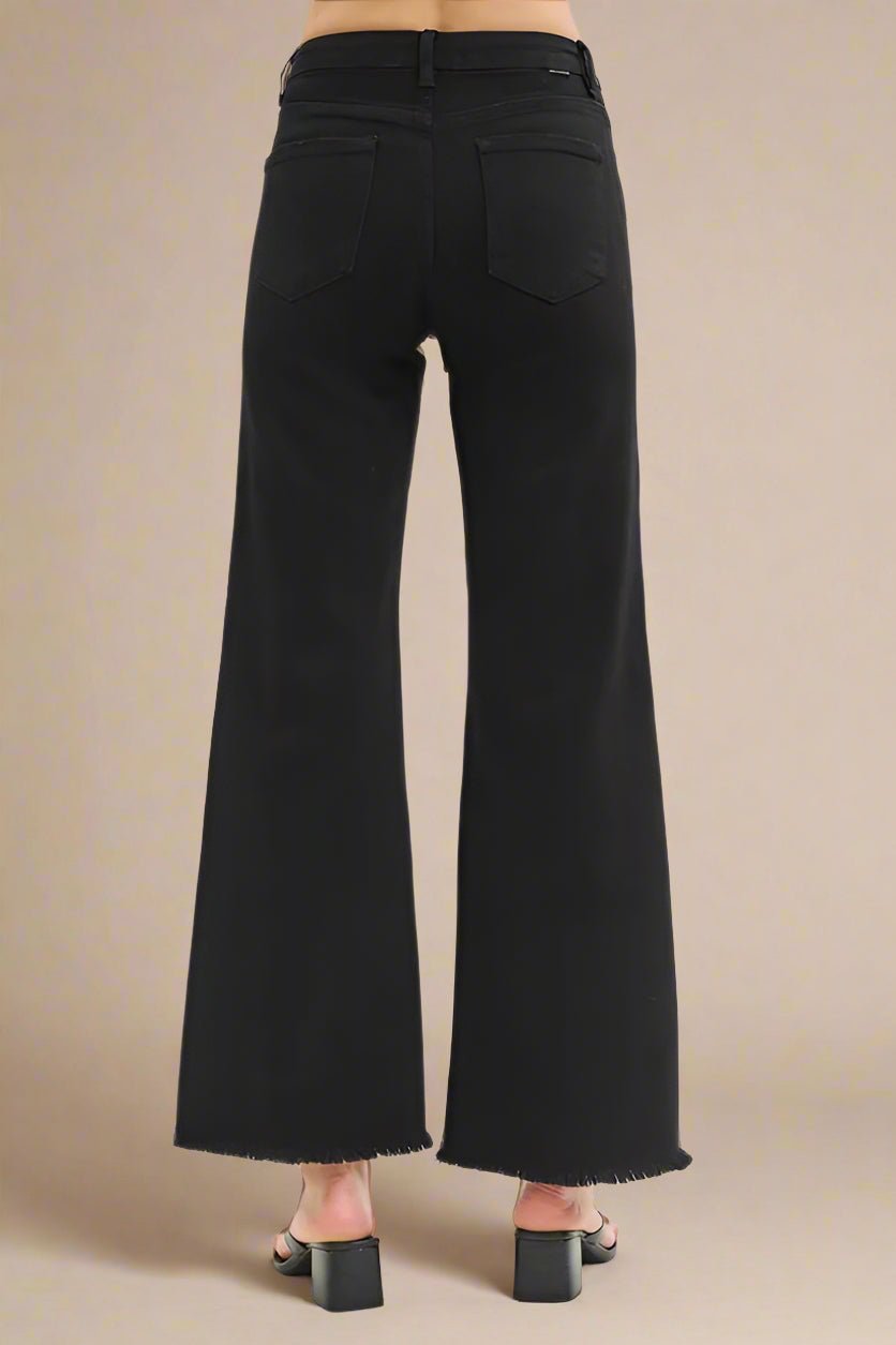 RISEN - High Waist Wide Leg Jeans – Washed Black with Raw Hem