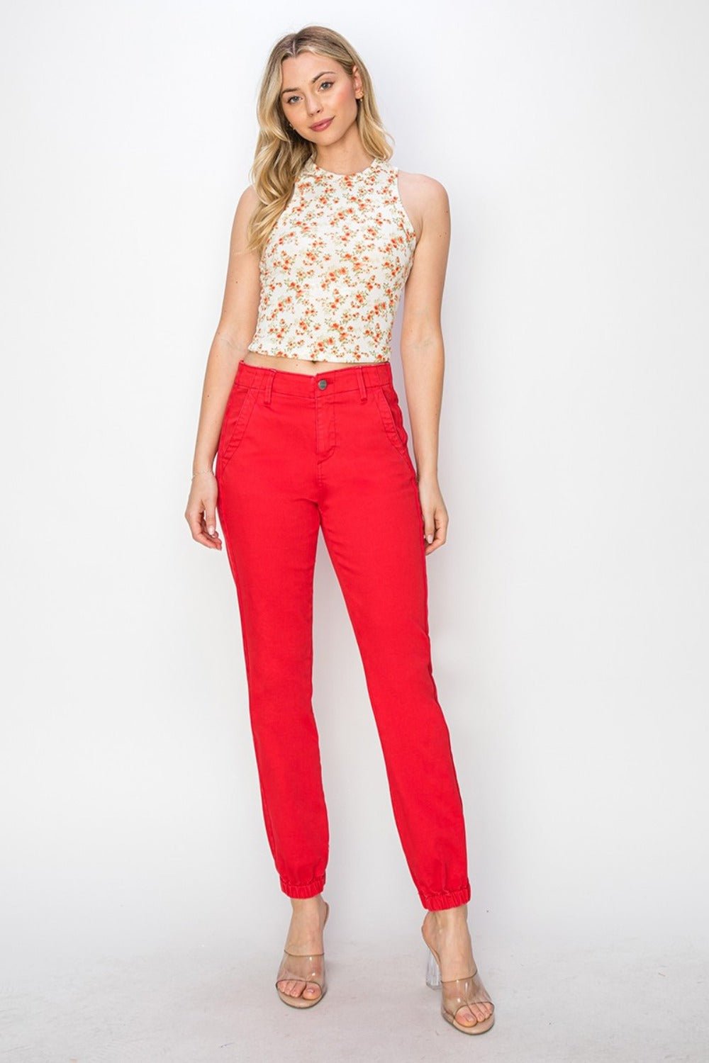 RISEN - High Waisted Jogger Jeans in Scarlet