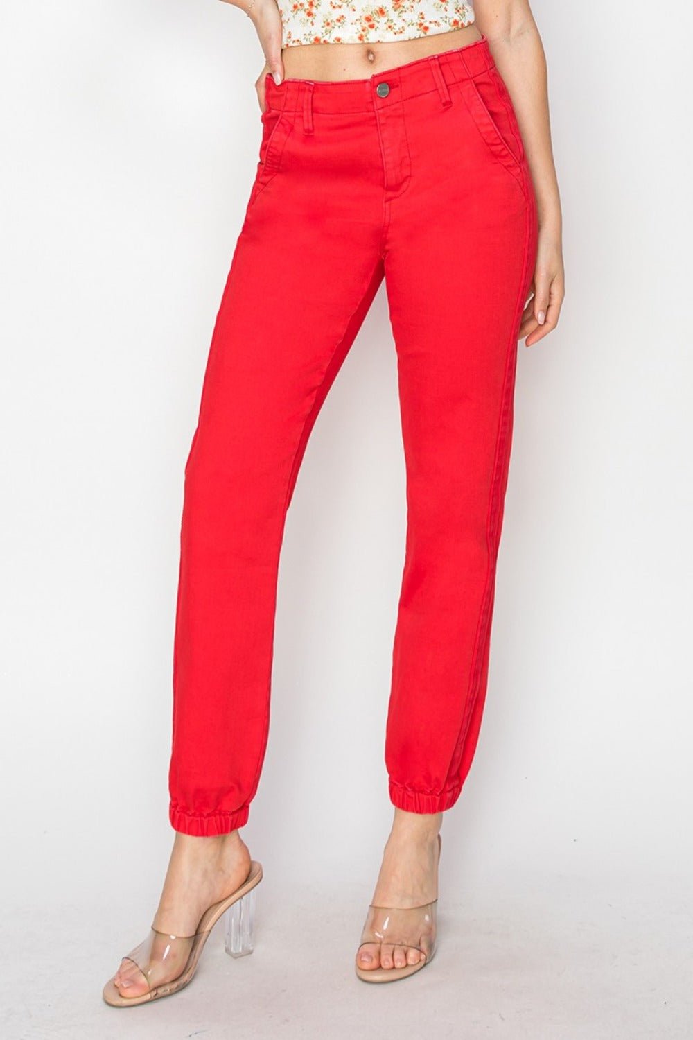 RISEN - High Waisted Jogger Jeans in Scarlet