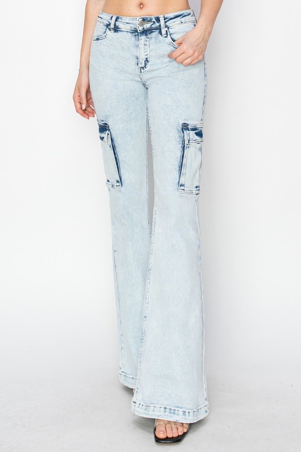 RISEN - Light Acid Wash High Rise Cargo Flare Jeans