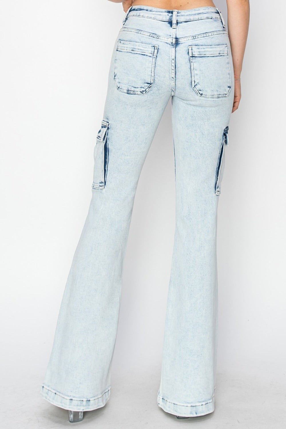 RISEN - Light Acid Wash High Rise Cargo Flare Jeans