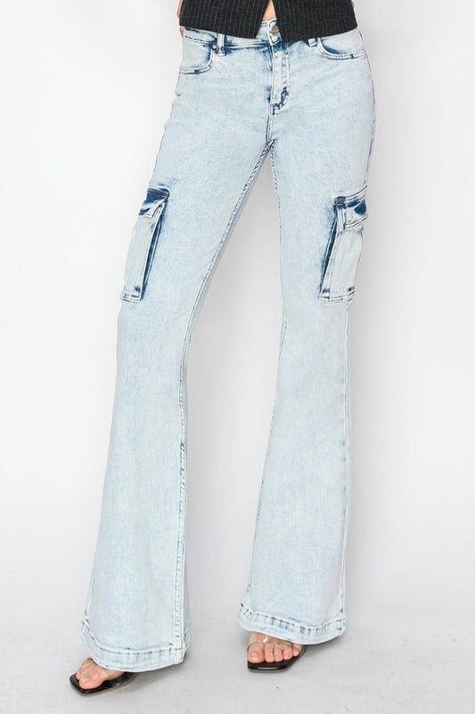 RISEN - Light Acid Wash High Rise Cargo Flare Jeans