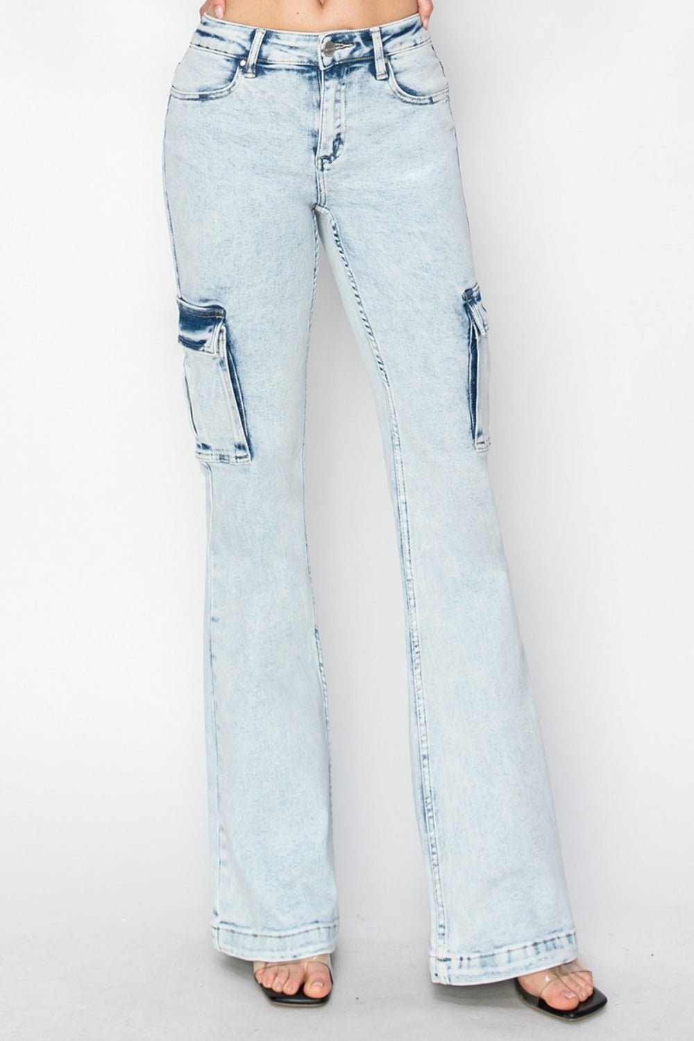 RISEN - Light Acid Wash High Rise Cargo Flare Jeans