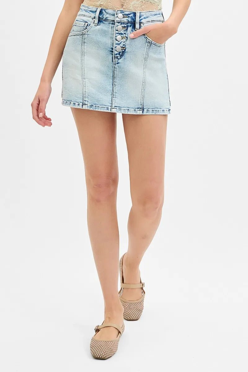 RISEN - Light Wash Button Front Denim Skort