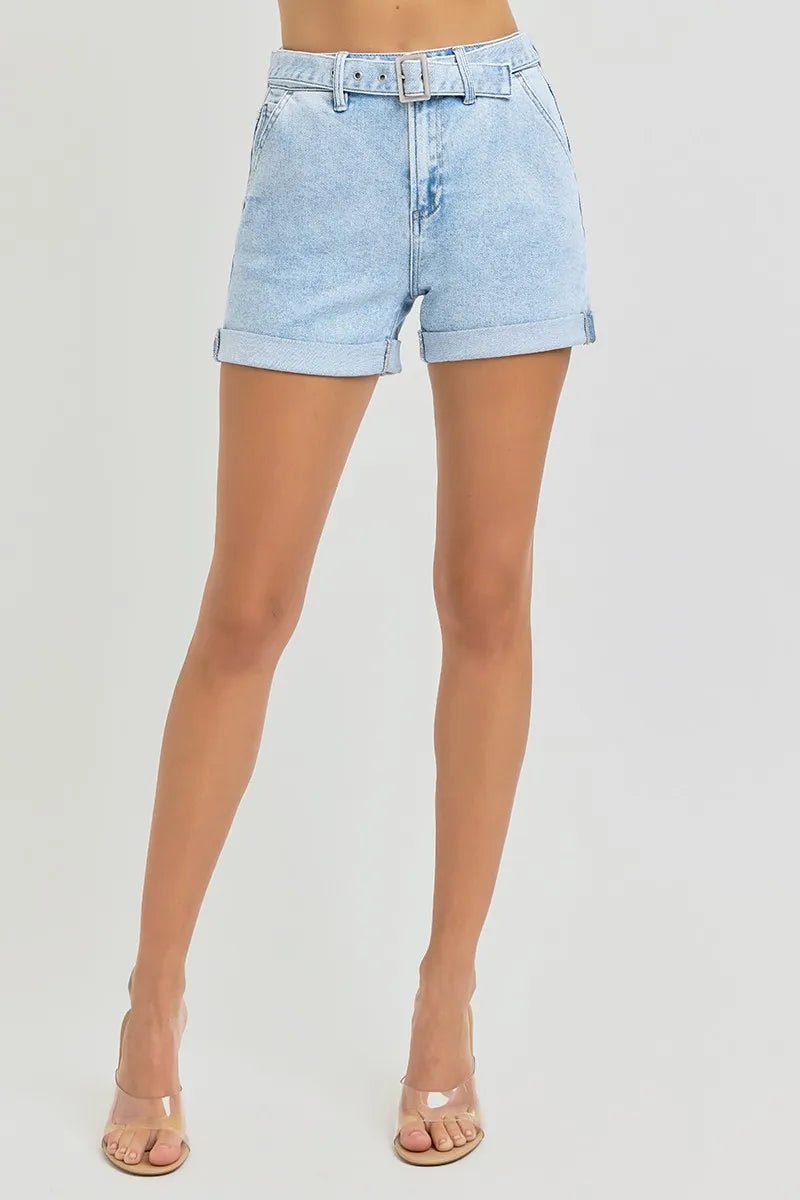 RISEN - Light Wash Cuffed Denim Shorts with Belt