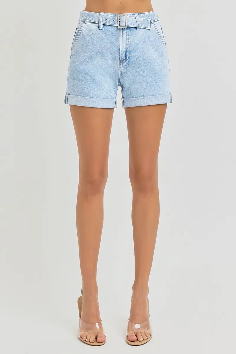 RISEN - Light Wash Cuffed Denim Shorts with Belt