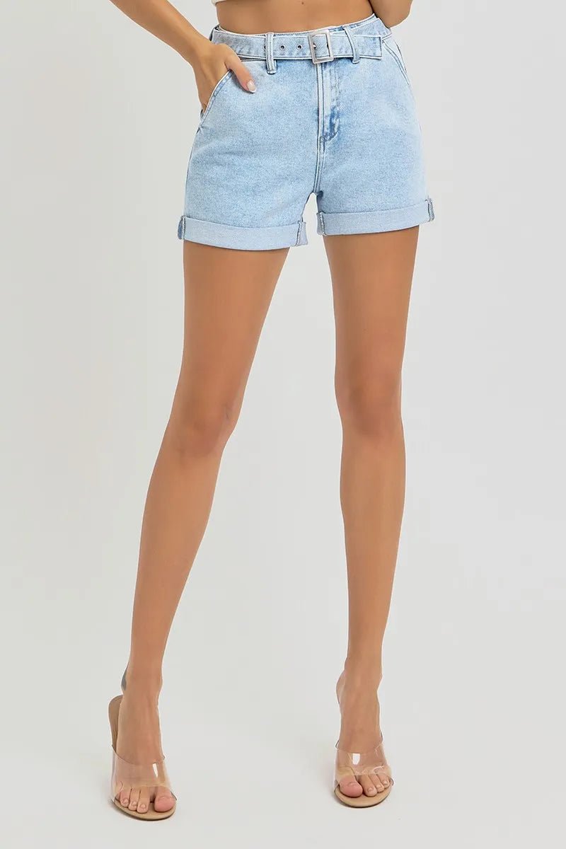 RISEN - Light Wash Cuffed Denim Shorts with Belt