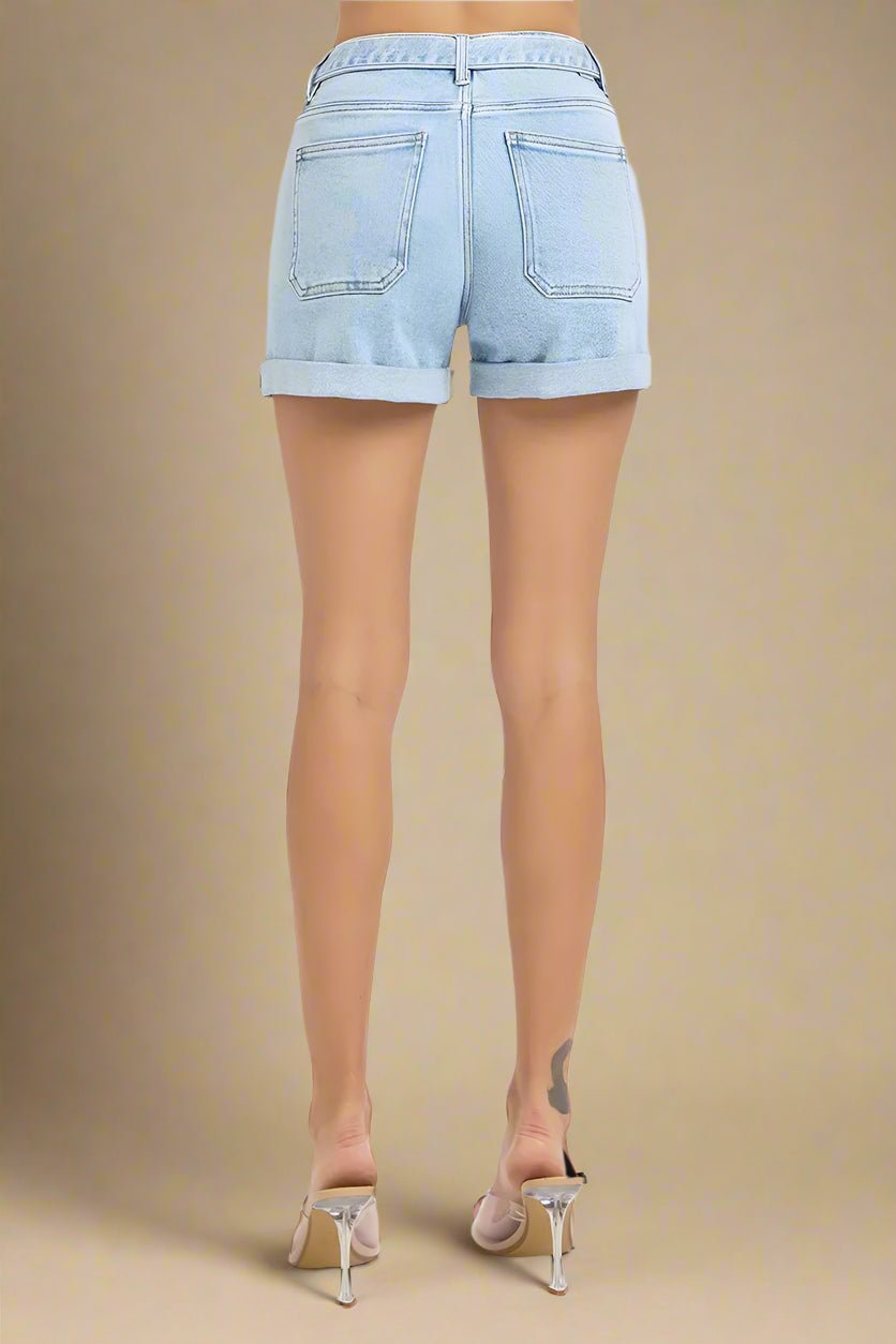 RISEN - Light Wash Cuffed Denim Shorts with Belt
