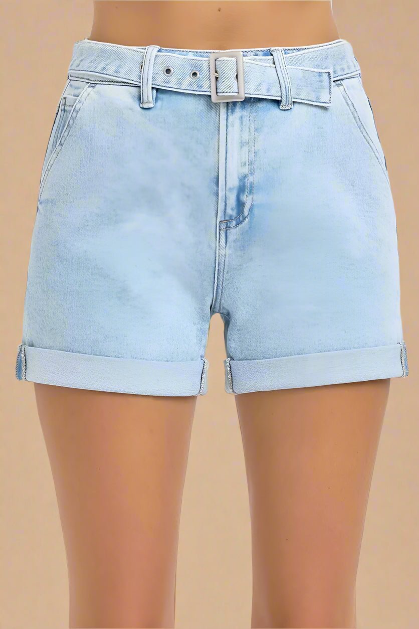 RISEN - Light Wash Cuffed Denim Shorts with Belt