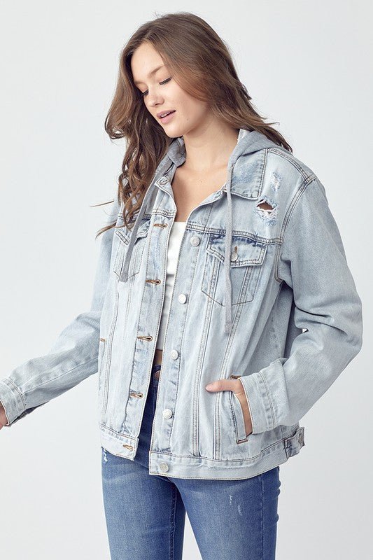 RISEN - Light Wash Distressed Hooded Denim Jacket