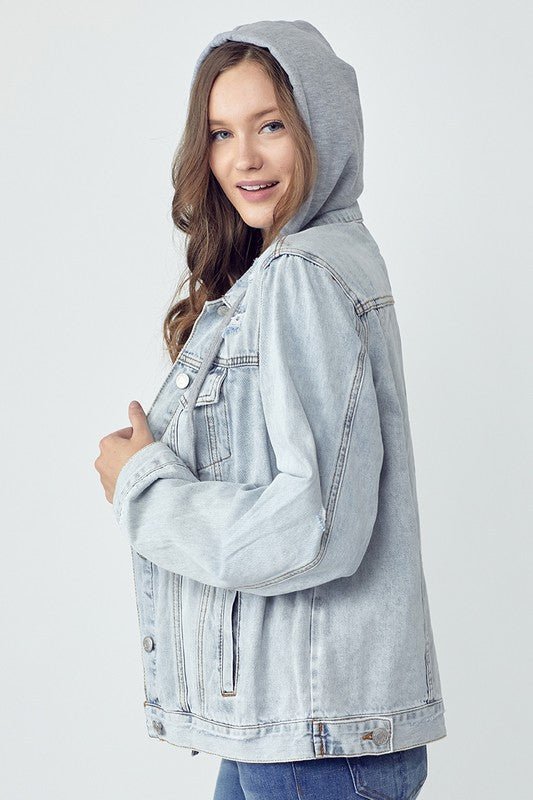 RISEN - Light Wash Distressed Hooded Denim Jacket