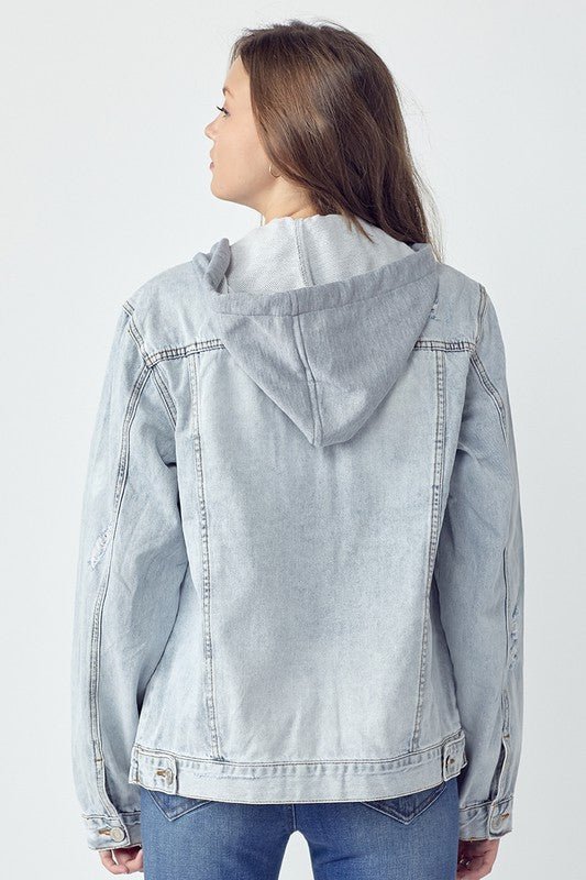 RISEN - Light Wash Distressed Hooded Denim Jacket