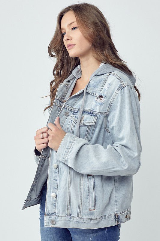 RISEN - Light Wash Distressed Hooded Denim Jacket