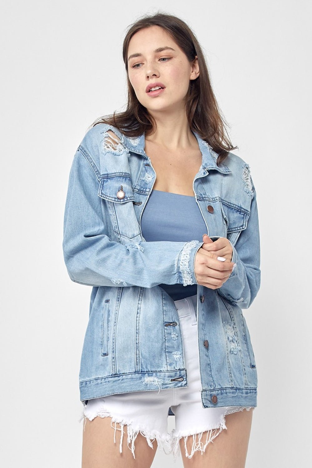 RISEN - Light Wash Distressed Long Sleeve Denim Jacket