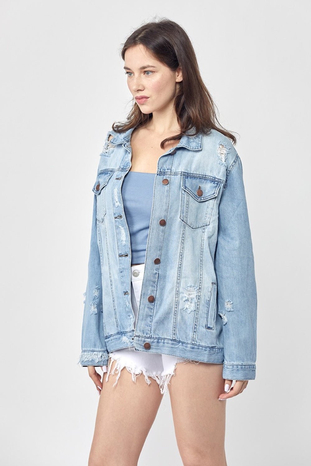 RISEN - Light Wash Distressed Long Sleeve Denim Jacket