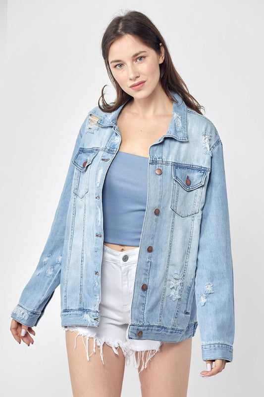 RISEN - Light Wash Distressed Long Sleeve Denim Jacket