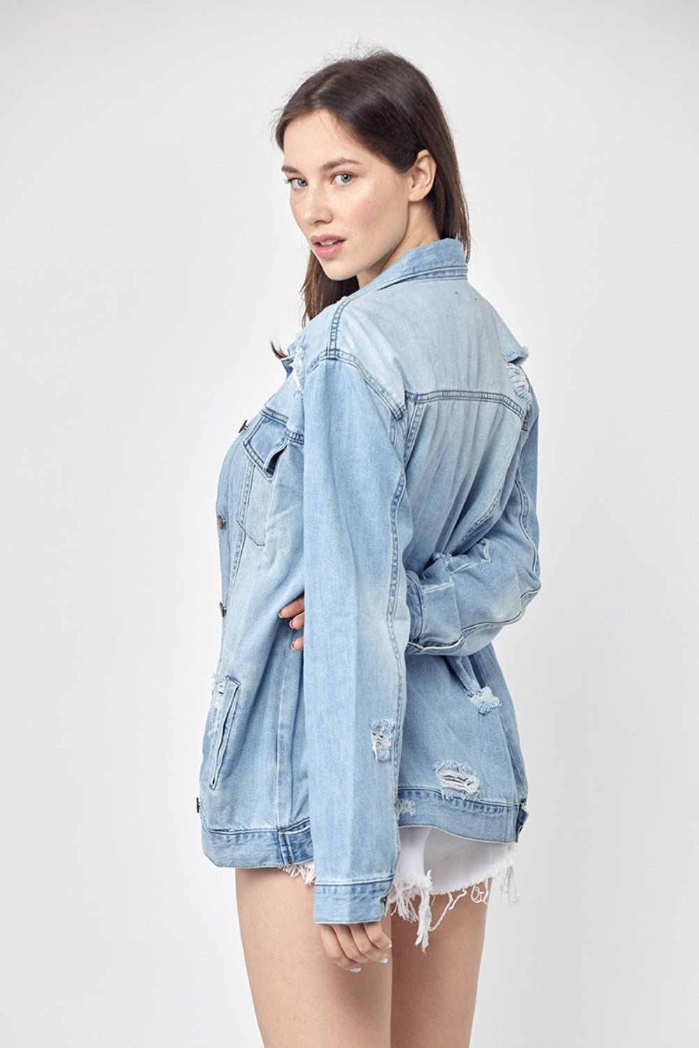 RISEN - Light Wash Distressed Long Sleeve Denim Jacket