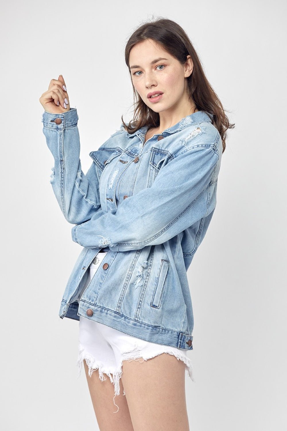 RISEN - Light Wash Distressed Long Sleeve Denim Jacket