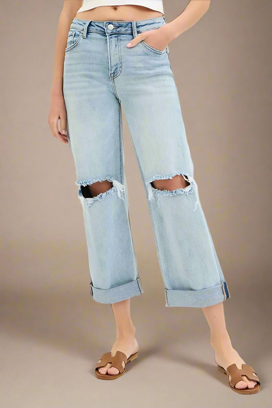 RISEN - Light Wash Distressed Wide Leg Cuffed Jeans