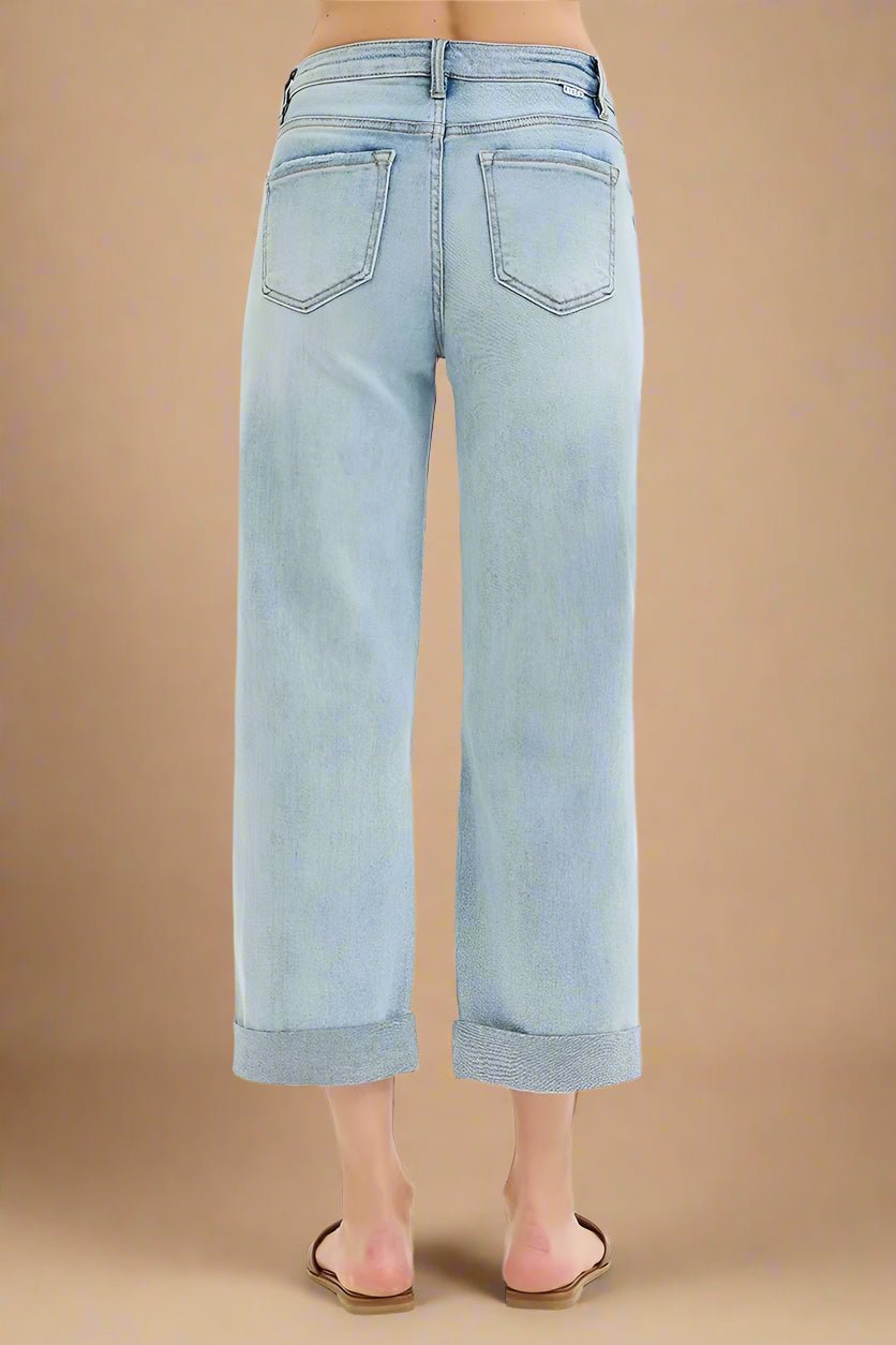 RISEN - Light Wash Distressed Wide Leg Cuffed Jeans