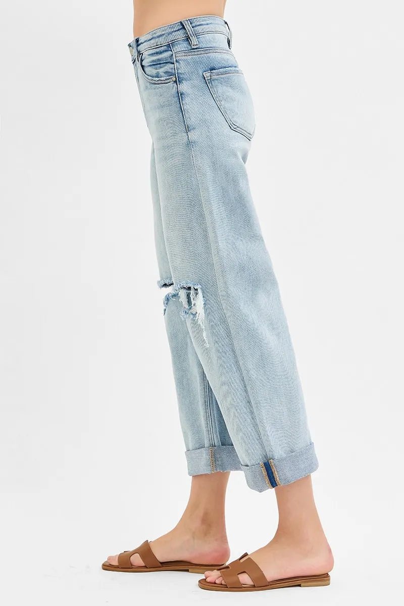 RISEN - Light Wash Distressed Wide Leg Cuffed Jeans