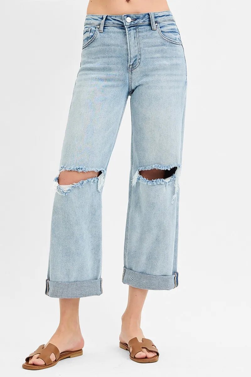 RISEN - Light Wash Distressed Wide Leg Cuffed Jeans