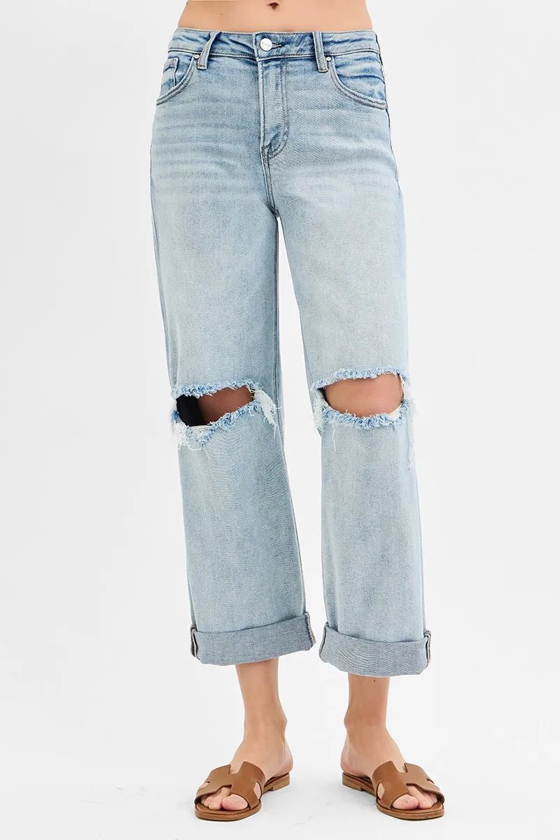 RISEN - Light Wash Distressed Wide Leg Cuffed Jeans